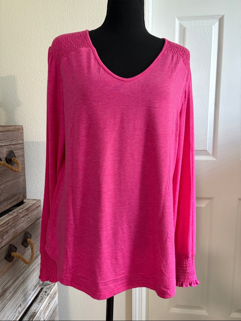 Hot Pink Long Sleeve Scoop Neck Top with Smocked Details